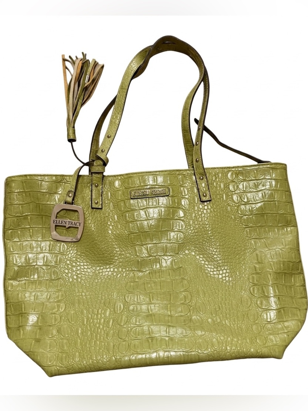 Ellen Tracy Lime Green Croc Embossed Tote Shoulder Bag with Charm & Tassel